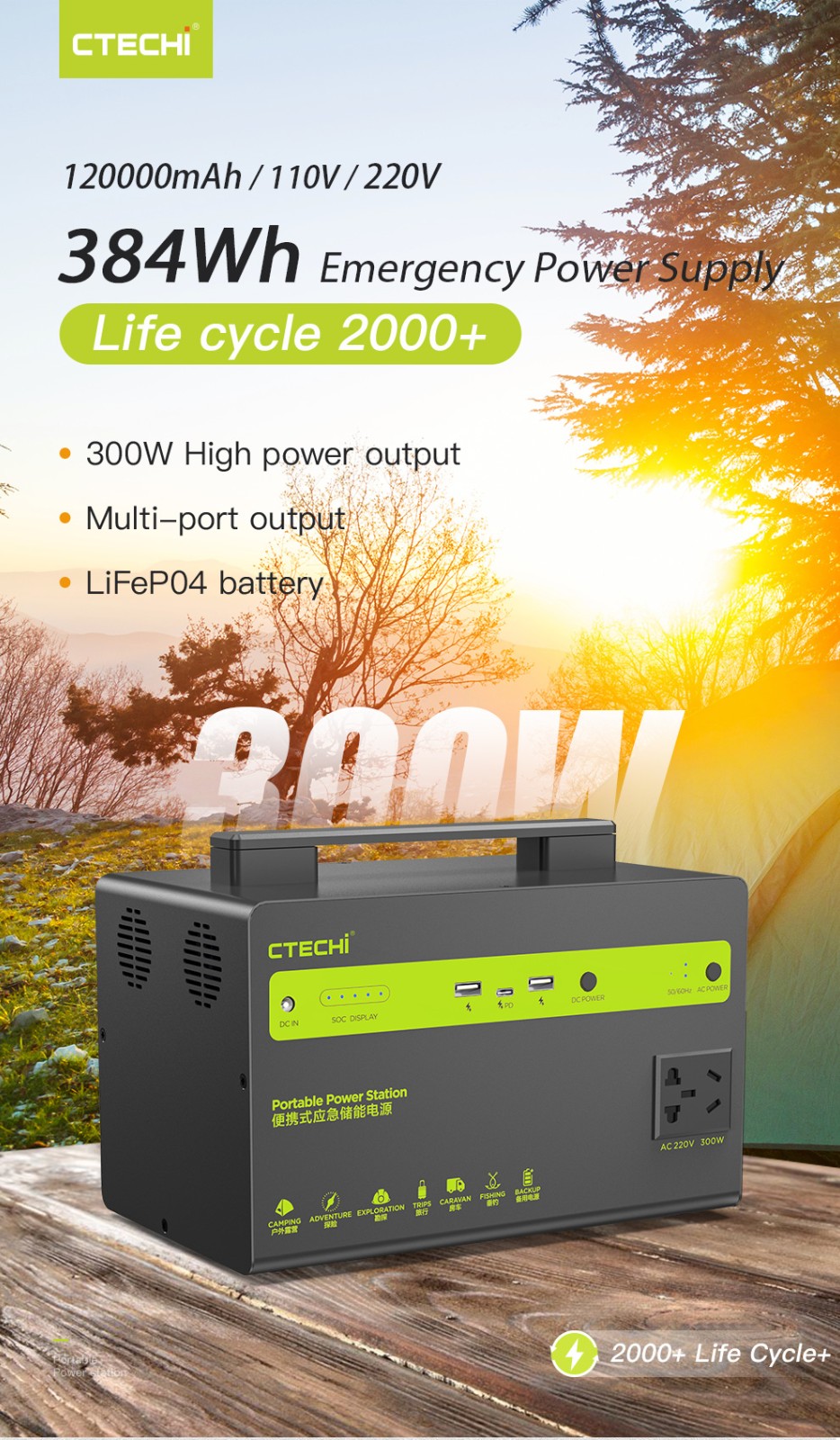 Générateur électrique Portable CTECHi 300W, Station électrique 299Wh avec  Sortie CA 230V/300W, Générateur Solaire avec Batterie LiFePO4 pour  l'Extérieur, le Camping, les I'Urgences : : Jardin